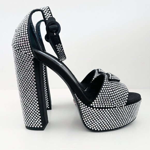 Prada Embellished Satin Platform Sandals with Crystals Logo 38.5 - Picture 1 of 14